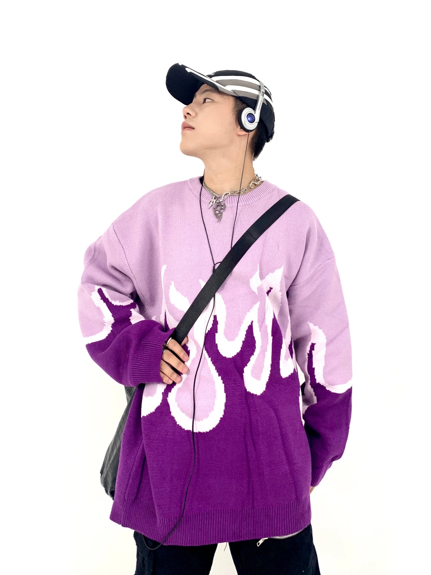 Hip Hop Fire Knitted Oversized Sweater Men Autumn Winter O-neck Long Sleeve Pullover Streetwear New Loose Tops Sweaters Clothing Street King Limited