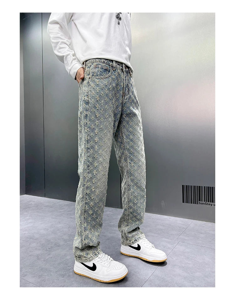 Men Wide Leg Denim Pants High Street American Retro Jacquard Loose Straight Jeans Y2K Fashion Streetwear Baggy Trousers Street King Limited