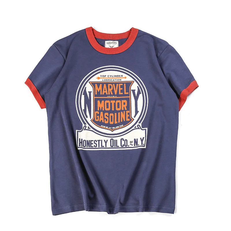 Summer Men'S Short Sleeved New Cotton Letter Printing Locomotive Element Thread Color Matching Round Neck Casual T-Shirt Street King Limited