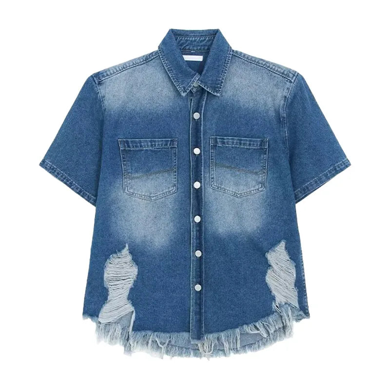 summer trend mens set shoulder padded short sleeved denim shirt quick drying casual pants 2 pcs set american retro street suit unique jeans style 3906