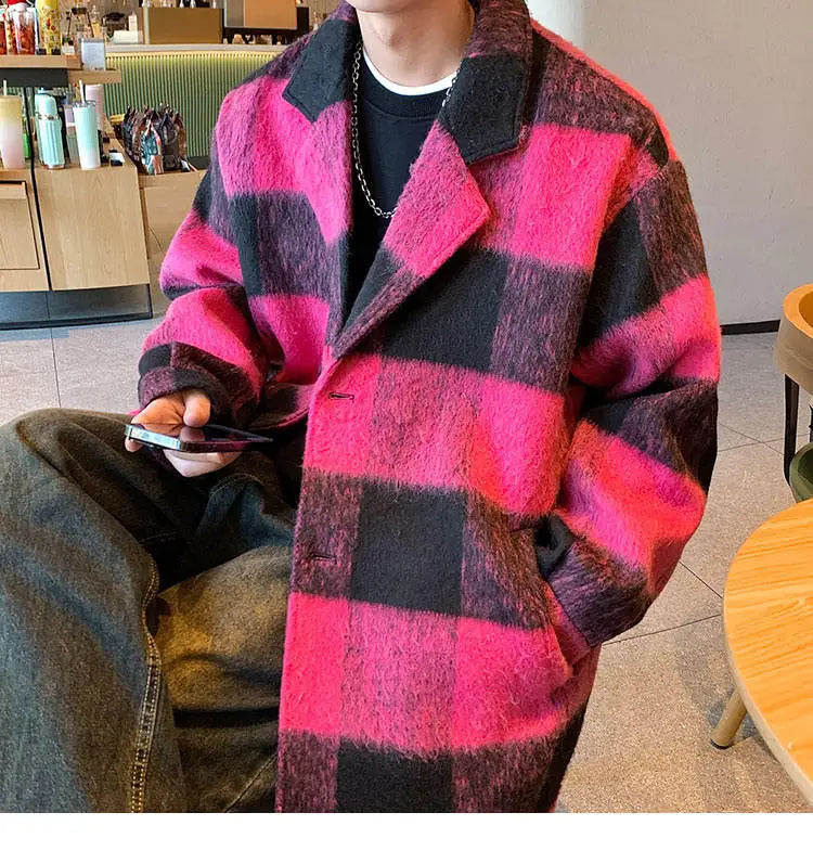 plaid woolen trenchcoat men autumn winter fashion retro streetwear suit collar loose casual trendy trench coat outerwear unique default style 1205