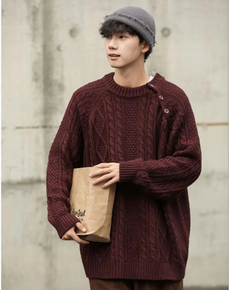 Thicken Japanese Retro Sweater Mens 2024 New College Couples Casual Warm Round Neck Pullover Red Simplicity Knitted Jacket Street King Limited