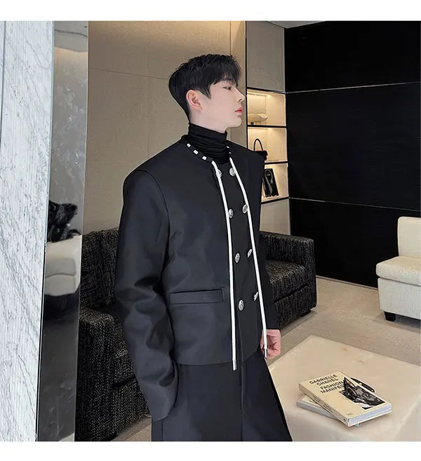 men double breasted drawstring collar loose casual fashion short jacket male korean streetwear vintage coat man unique shorts style 375