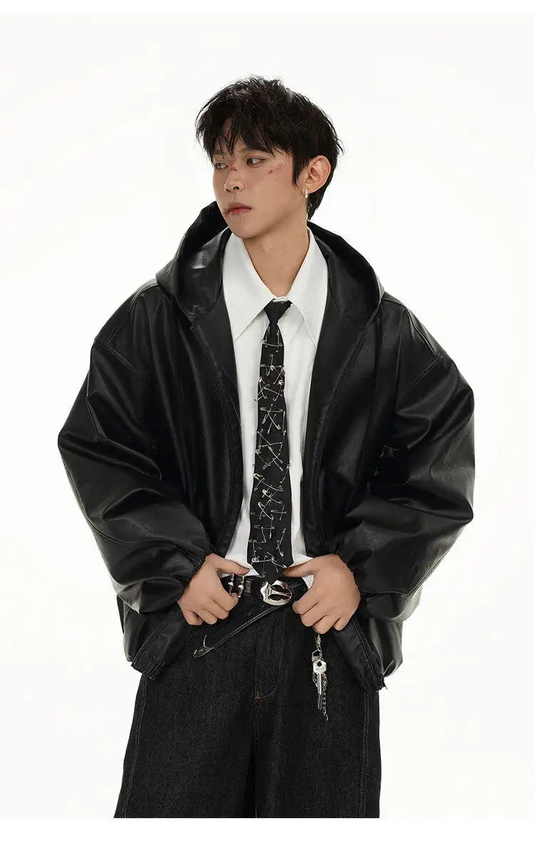 pu leather bomber jacket men streetwear fashion loose casual vintage leather hooded short motorcycle jacket hoody coat outerwear unique shorts style 564