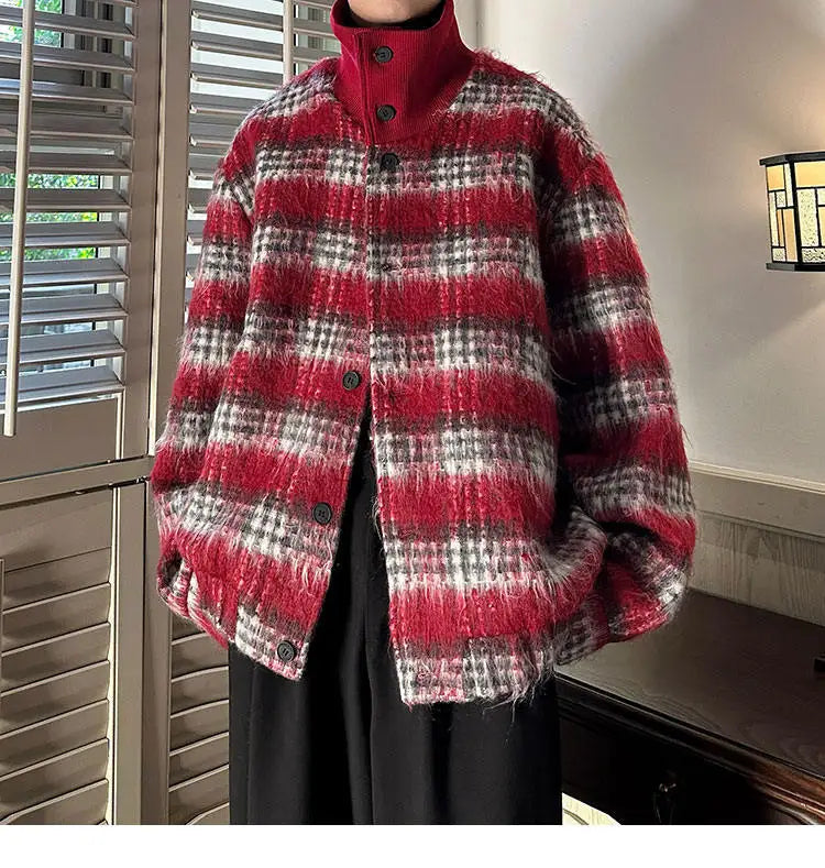 men turtleneck trendy brand fashion stripe christmas woolen bomber jacket women oversize plaid top coat outerwear minimalist street pants