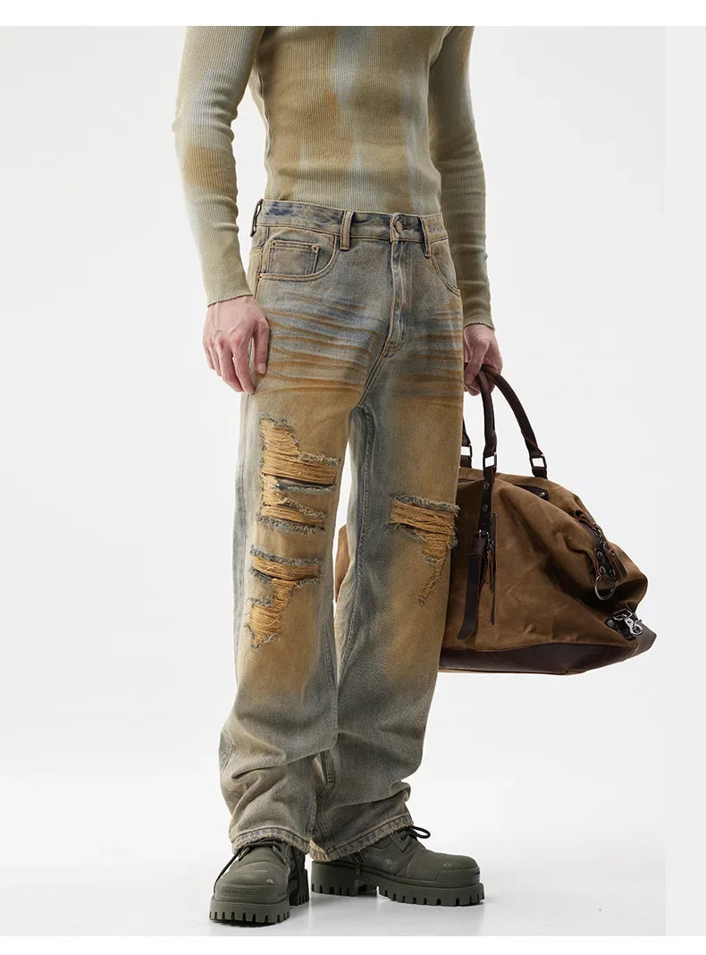 men patch hole distressed plus size denim pant ripped jeans streetwear fashion hip hop vibe loose casual baggy jeans trousers 40 unique jeans style 3084