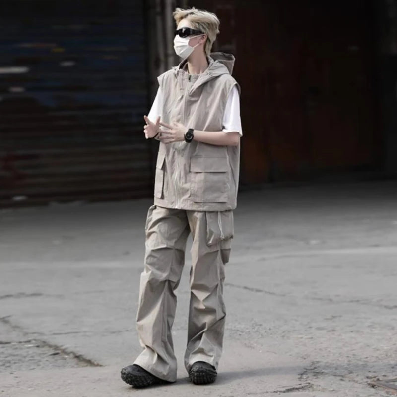 summer casual sleeveless set men hip hop loose hooded vest pockets straight leg cargo pants 2 piece outdoors sports camp suit utility cargo pants