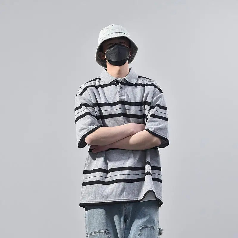 Summer Korean Personalized Men's Retro POLO Shirt Gray and Black Striped Breathable Men's Women's Y2K Summer Half-sleeved Top Street King Limited