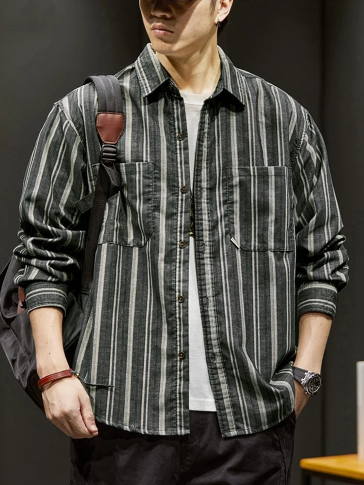 Streetwear Autumn Loose Striped Long Sleeve Shirts For Men Korean Fashion High Qu Autumn Loose Striped Long Sleeve Shirts For Men Korean Fashion High Quality Casual Shirt Y2K Streetwear Stand Collar T Shirts Fashion Sweater Jacket With Graphic Design For Men