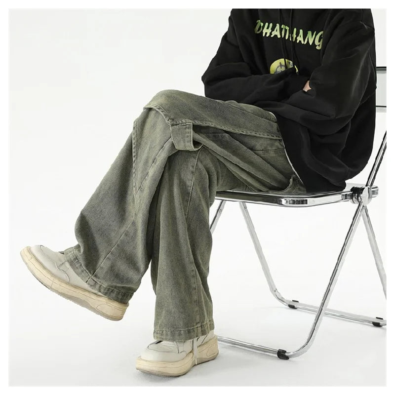 2024 new hip hop wide leg jeans for men washed distressed baggy denim trousers high street deconstruction cargo jean y2k pants unique cargo style 441