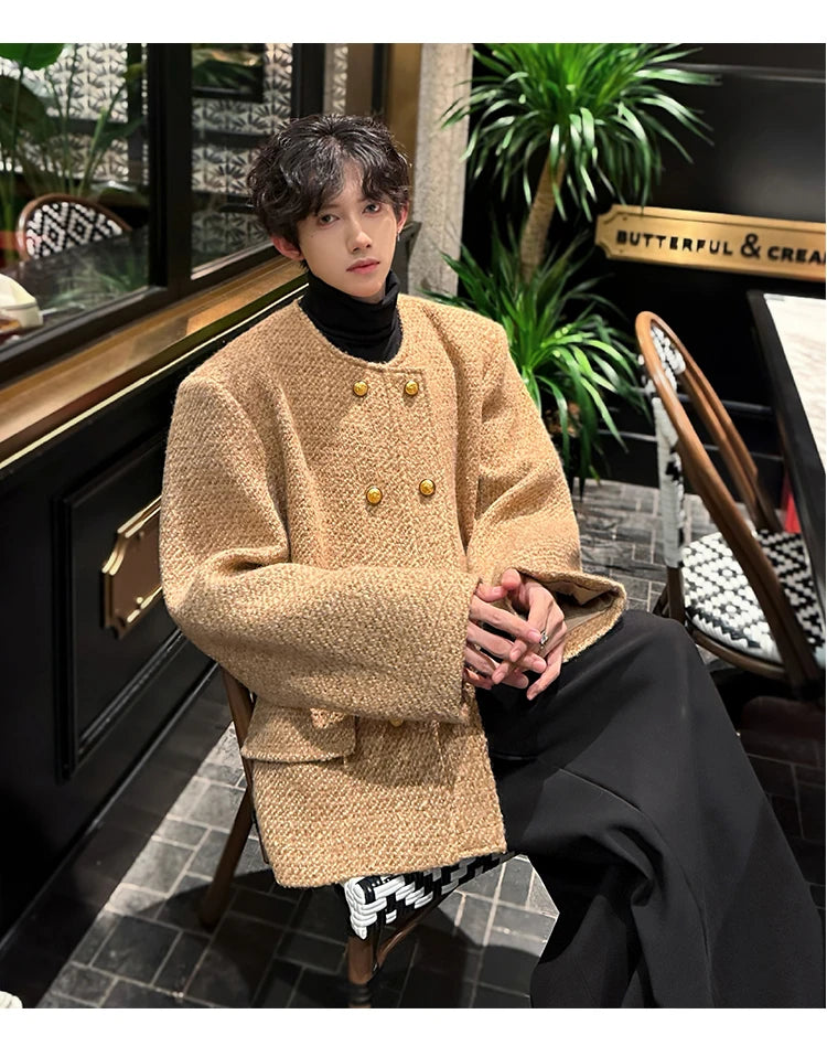 men double breasted french retro loose casual woolen short jacket man korean streetwear show fashion coat autumn outerwear unique shorts style 1309