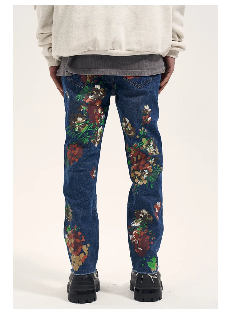 graffiti floral printed denim jean mens new casual zipper biker jeans fashion high street slim fit pants joggers hip hop jeans unique joggers style 561