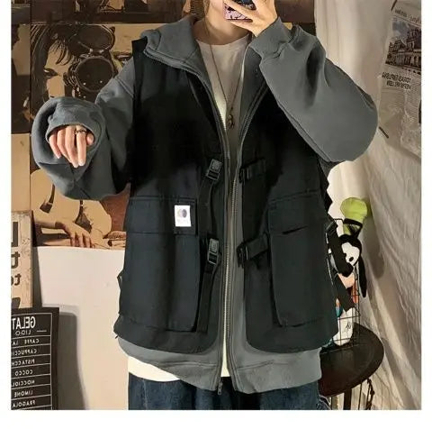 Fake two-piece coat men's ins, trendy Japanese functional workwear hooded jacket, autumn European and American retro trend tops Street King Limited