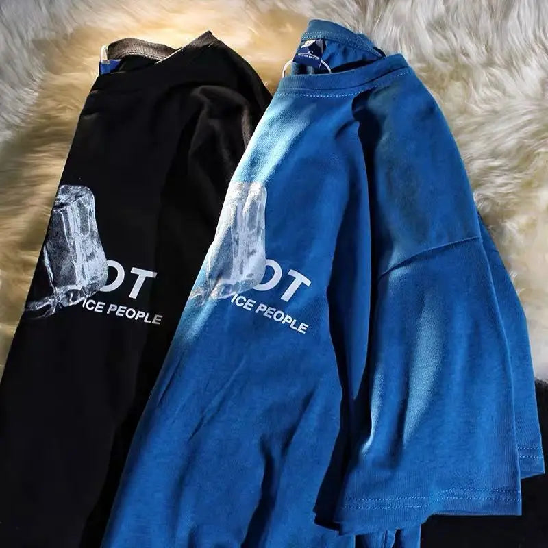 Summer New Cotton American Street Trend Ice Block Print Graphic T-shirt for Men and Women Casual Loose Personality Short Sleeve Street King Limited