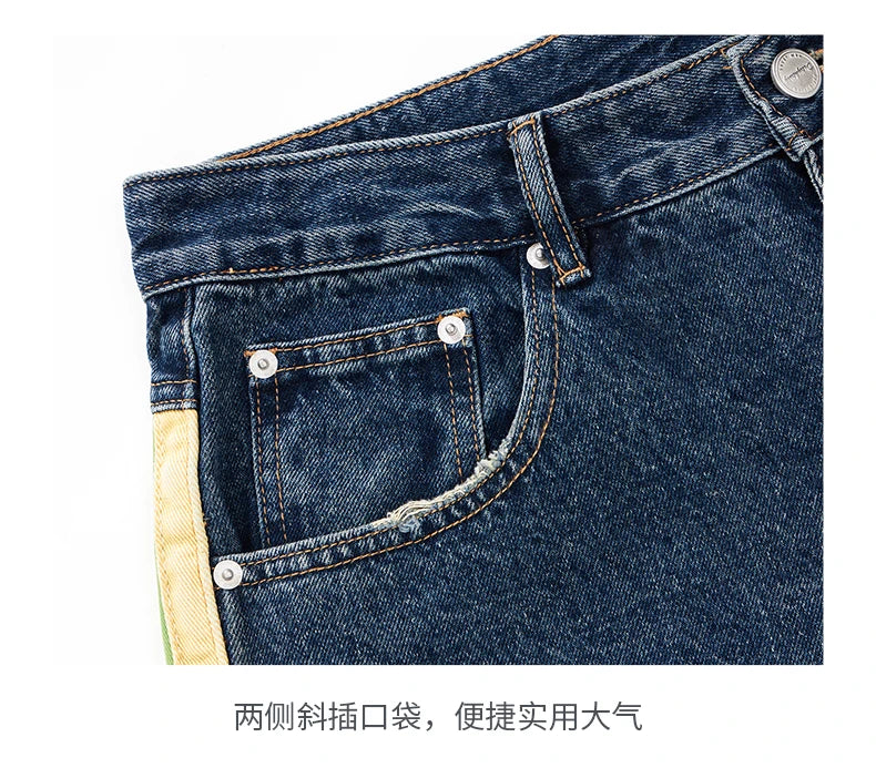 men streetwear fashion side splice hip hop loose casual wide leg straight baggy jeans pant cityboy jeans pants trousers unique jeans style 2479