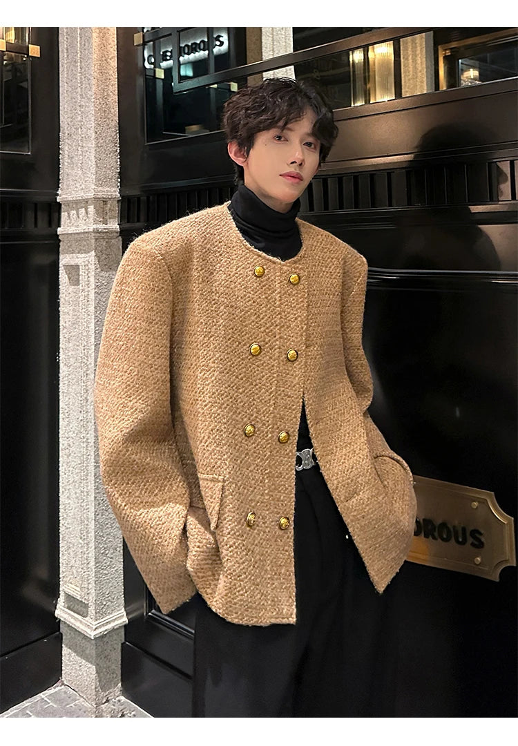 men double breasted french retro loose casual woolen short jacket man korean streetwear show fashion coat autumn outerwear unique shorts style 1312