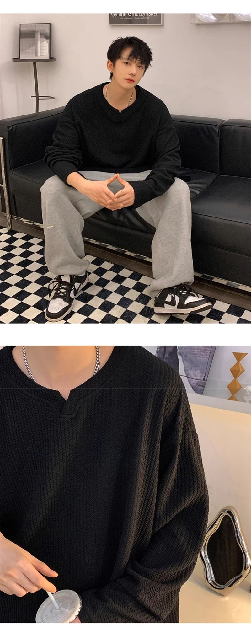 Autumn Men's V-neck Long Sleeve T-shirts New Solid Color Jacquard Waffle Pullover Tops High Street Fashion Breathable Tee Shirts Street King Limited