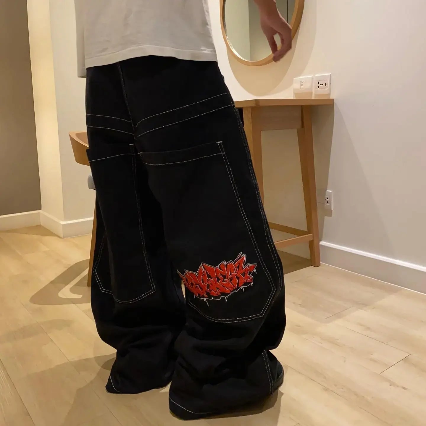 harajuku black wexwear graphic embroidered baggy jeans streetwear y2k jeans men women high waist wide trouser skateboard pants ripped baggy denim