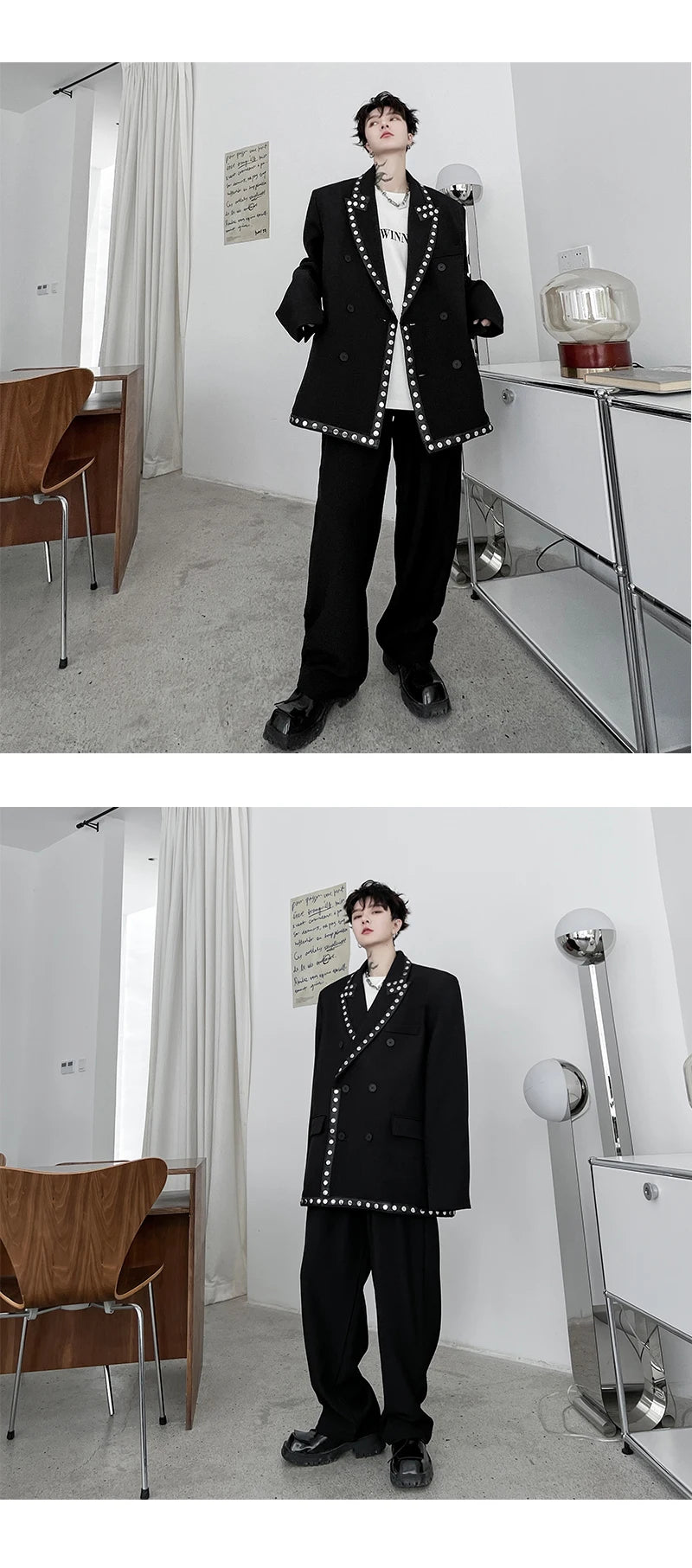 men streetwear fashion loose casual rivet hip hop party dress 2 piece suits blazers jacket pant sets stage clothing costume unique default style 1530