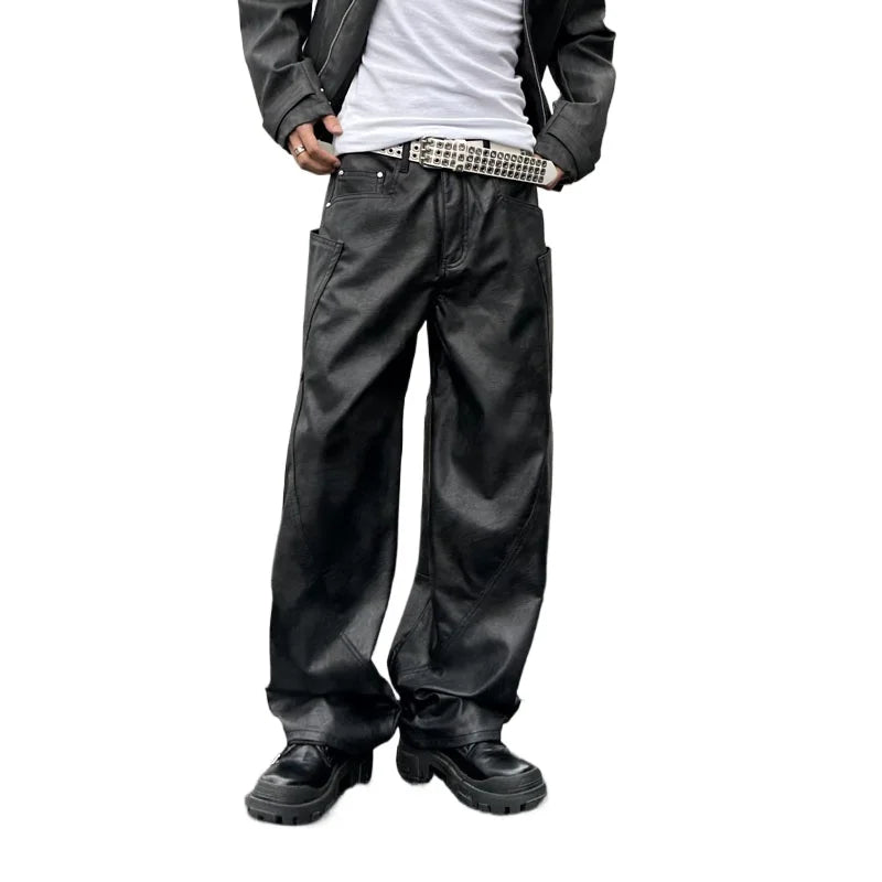 men brand fashion splice pocket loose casual wide leg leather baggy pant cityboy streetwear cargo motorcycle pants trousers unique cargo style 2429