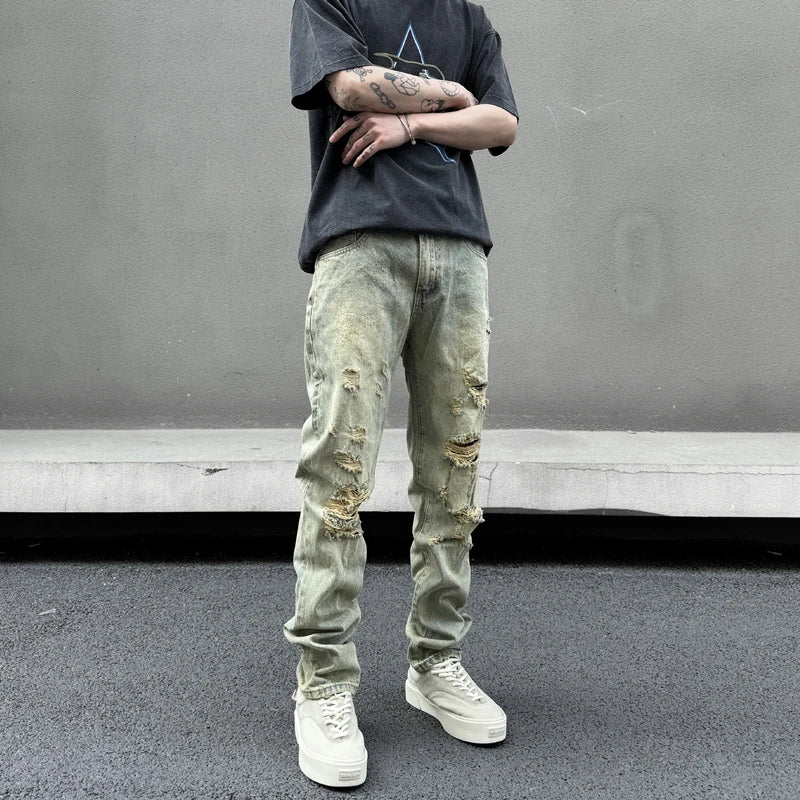 retro washed skinny jeans men pant destroyed ripped holes slim biker zipper jeans trousers fashion streetwear hip hop joggers sporty tapered joggers