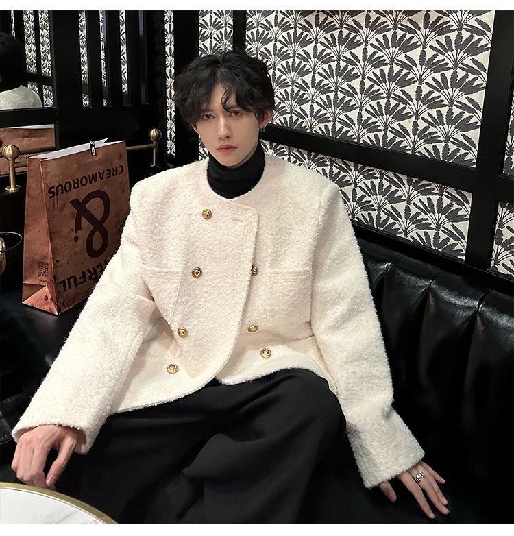 men french fashion retro double breasted woolen loose casual short jacket man autumn winter korean streetwear thicken coat top unique shorts style 1433