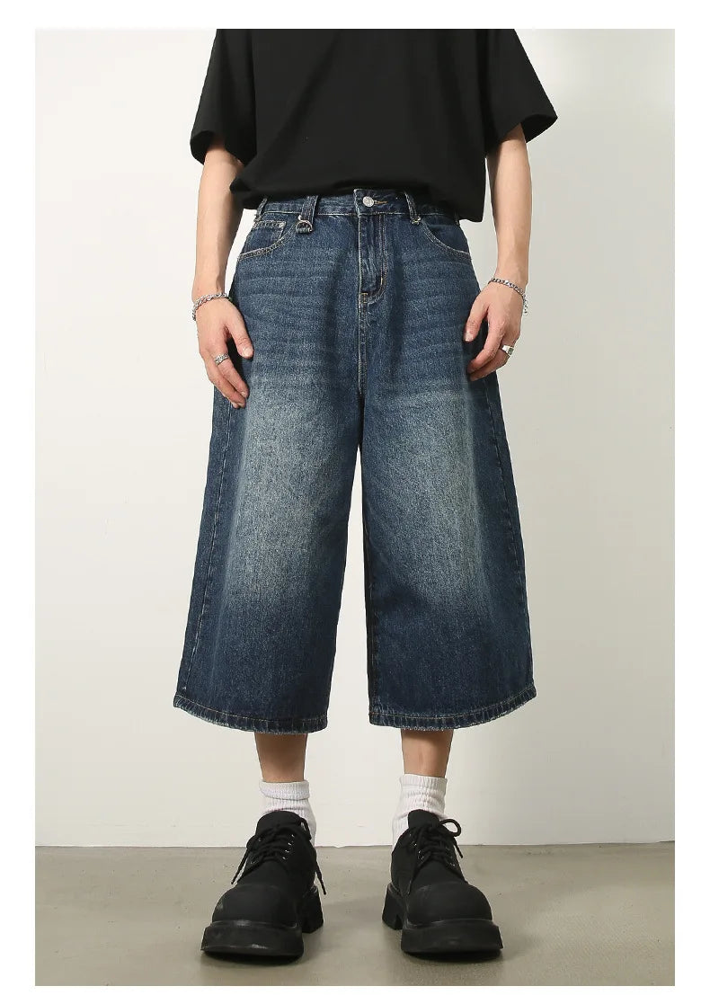 men summer streetwear fashion loose casual wide leg denim calf length jeans pants male vintage jeans baggy hosen pants unique jeans style 1464