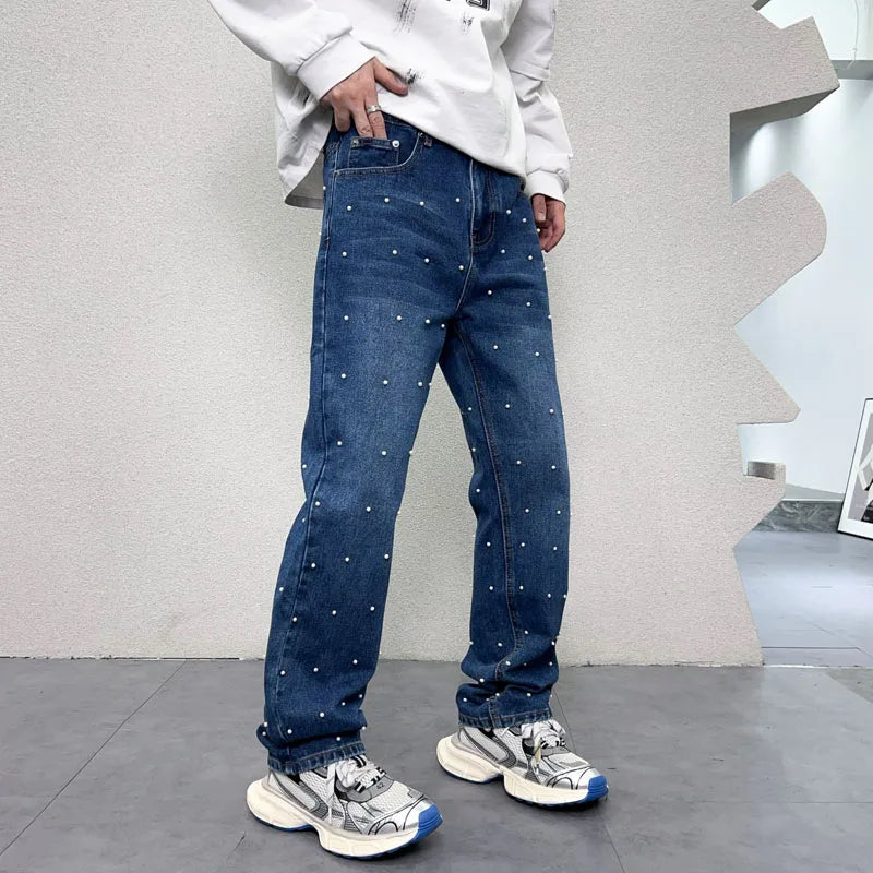 men bead streetwear fashion hip hop vibe loose casual wide leg straight denim jeans baggy pant man boyfriend jeans trousers ripped baggy denim