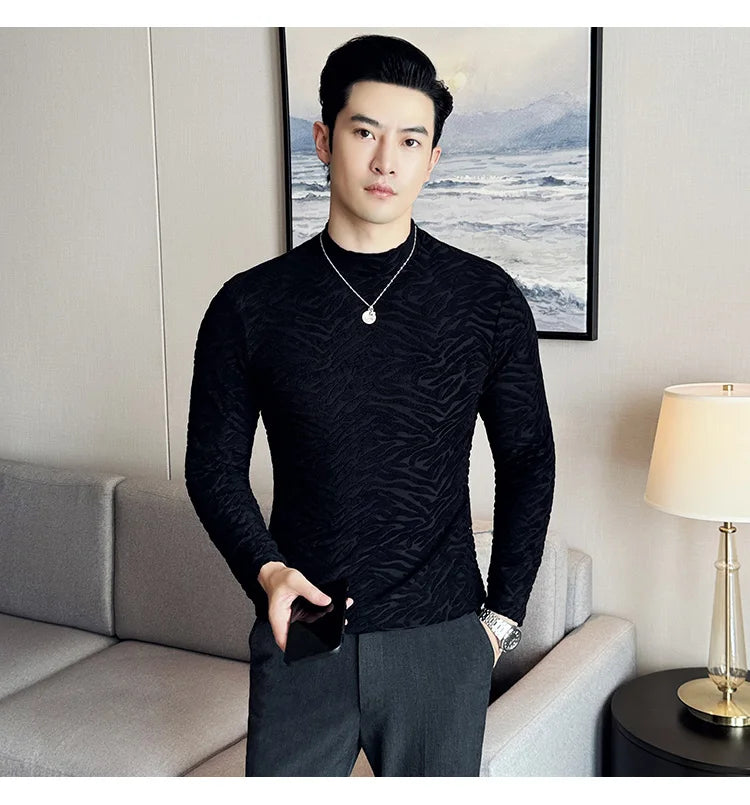 Semi-turtleneck Stretch Slim Fit T Shirt Men Long Sleeve Thicken Velvet Tiger-pattern Bottom T-shirt Business Casual Tshirt Street King Limited