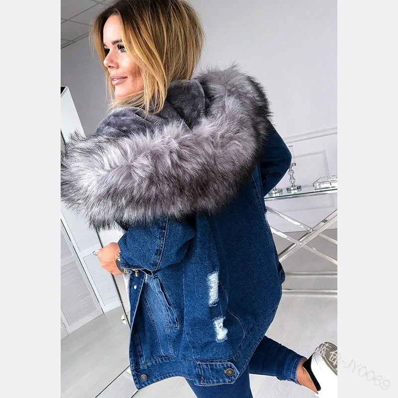 european and american retro hooded large fur collar denim jacket stylish casual warm mid length ripped and distressed jacket ripped baggy denim