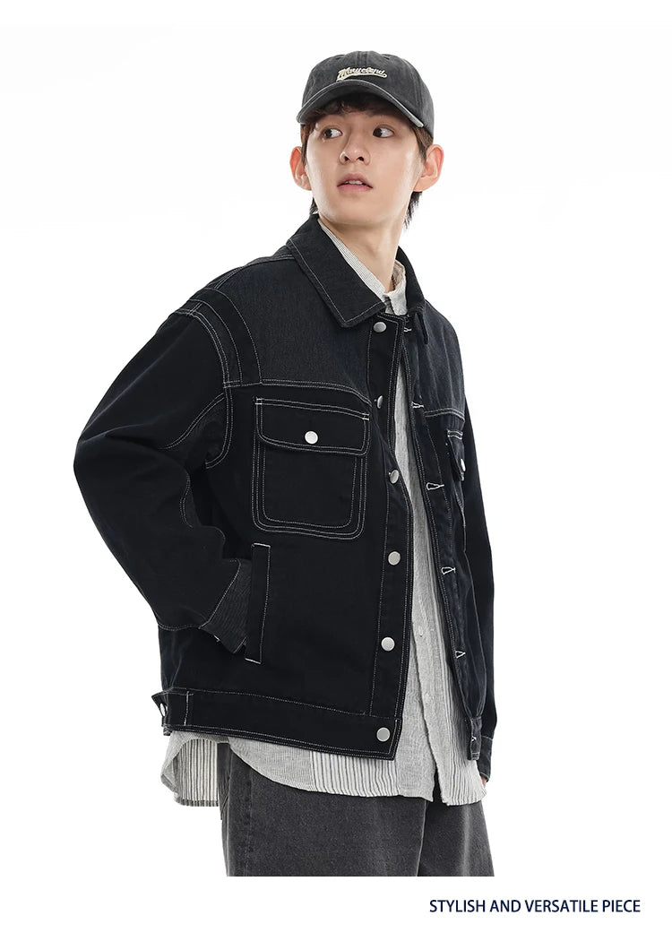 black denim splice coat mens streetwear fashion vintage loose casua plus size denim jacket man spring autumn coat outerwear unique jeans style 885