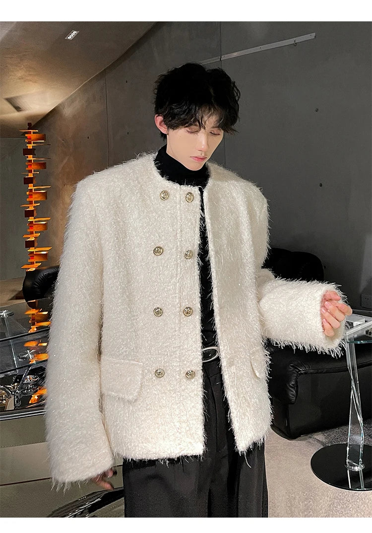 men double breasted french streetwear retro fashion loose casual tassels woolen short jacket man korean coat outerwear unique shorts style 1281