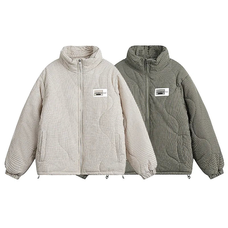 Men Winter Down Jacket Plaid Stand Collar Short Padding Coats American Retro High Street Cotton Parkas Ski Thick Couple Jackets Street King Limited