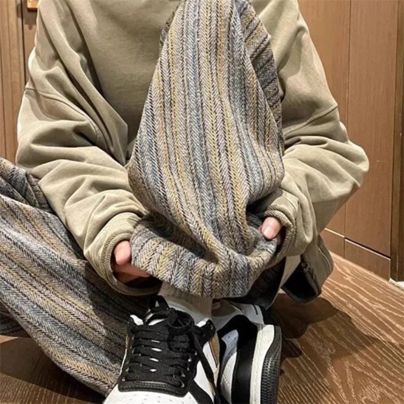 autumn striped woolen straight leg pants for men classic y2k vintage baggy trousers new casual high street fashion sweatpants 1 unique joggers style 244