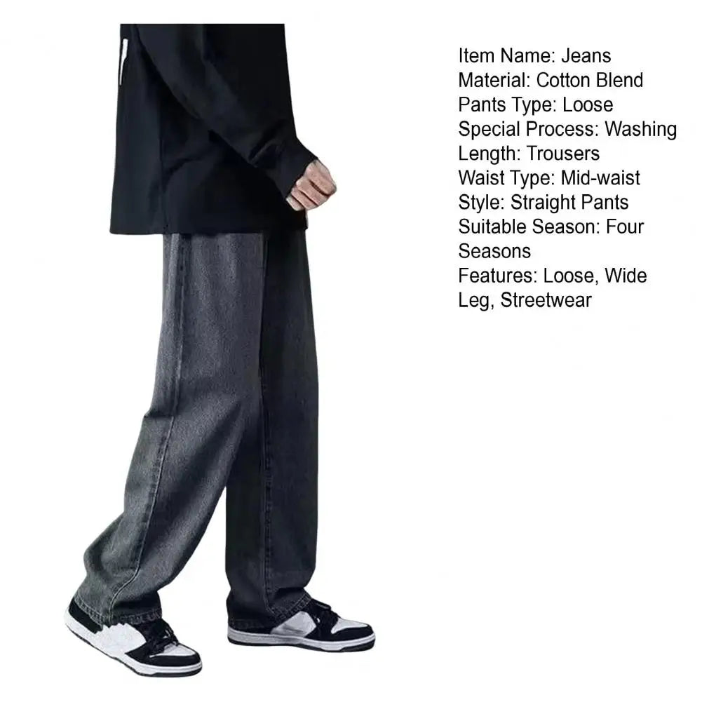 korean mens casual long jeans loose retro straight baggy pants denim wide leg pants light blue grey black retro washed jeans unique jeans style 1238