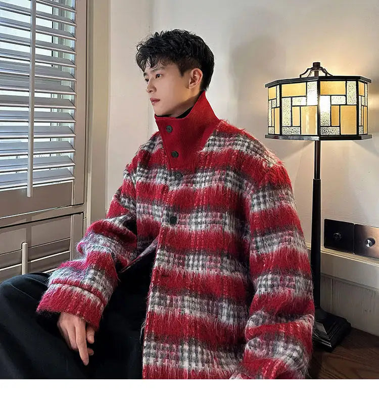 men turtleneck trendy brand fashion stripe christmas woolen bomber jacket women oversize plaid top coat outerwear unique default style 1152