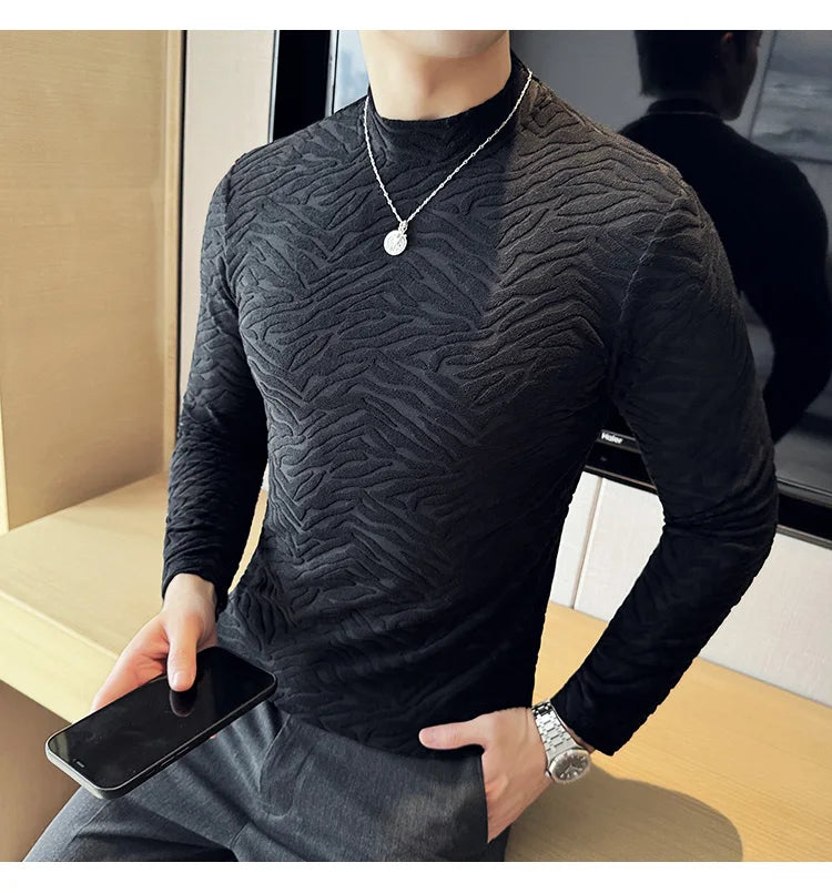 Semi-turtleneck Stretch Slim Fit T Shirt Men Long Sleeve Thicken Velvet Tiger-pattern Bottom T-shirt Business Casual Tshirt Street King Limited