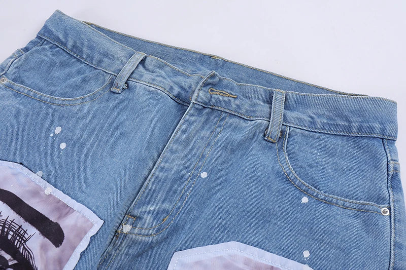 fashion skull graffiti patchwork denim jeans mens zipper jeans hip hop streetwear casual harajuku straight joggers jeans pants unique joggers style 5482