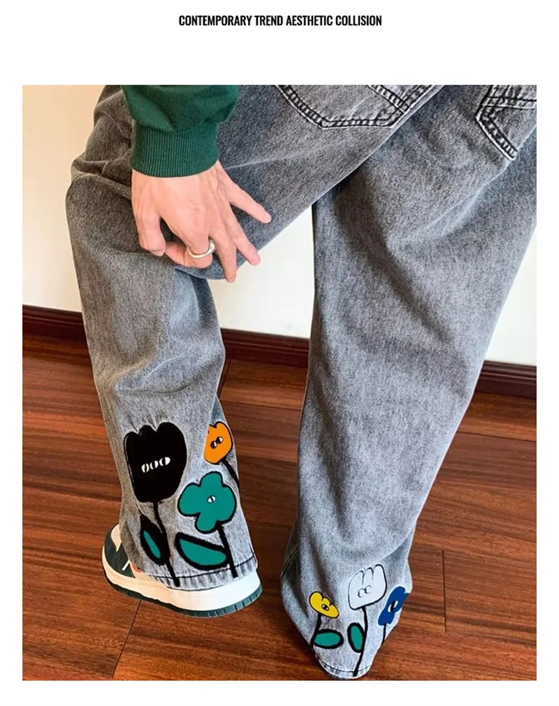 new mens y2k flower printed baggy jeans 2025 streetwear american casual denim wide leg pants hombre vintage straight trousers unique jeans style 668