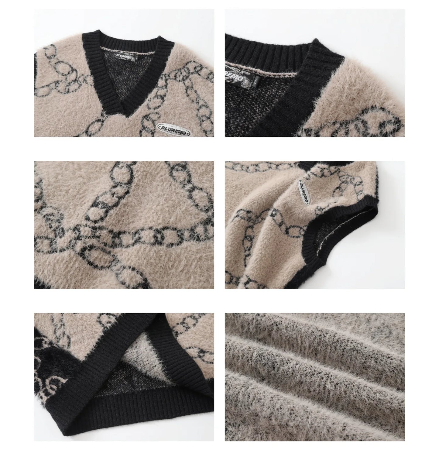 High Street Harajuku Imitation Mink Hair Knitted Vest Chain Color Block V-neck Pullover Sweater Vest Oversized Knitwear Trendy Street King Limited