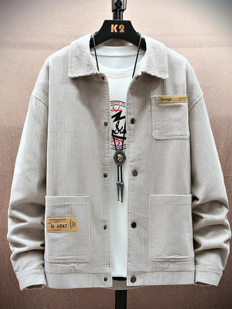 Streetwear Spring Appliques Long Sleeve Corduroy Shirts For Men Button Patchwork 2025 Spring Appliques Long Sleeve Corduroy Shirts For Men Button Patchwork Turn Down Collar Cargo Shirt Korean Fashion Jackets Fashion Sweater Jacket With Graphic Design For Men