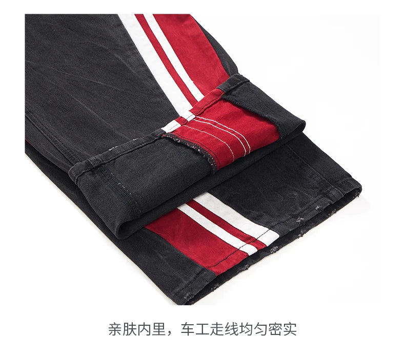 men streetwear fashion side splice hip hop loose casual wide leg straight baggy jeans pant cityboy jeans pants trousers unique jeans style 2488