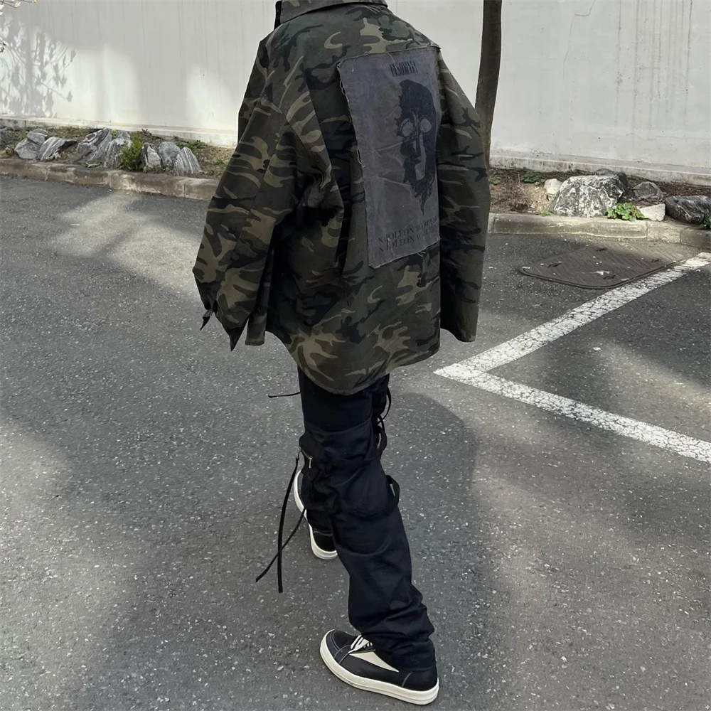 Undermycar High Street Trendy Brand High Quality Extra Large Washed and Worn Dark Checker Patch Camo Shirt Street King Limited