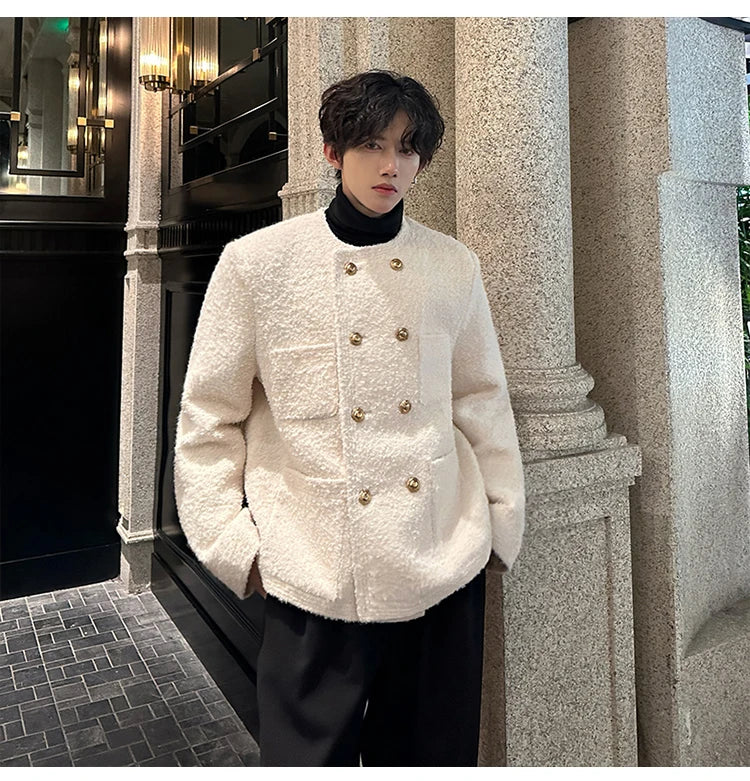 men french fashion retro double breasted woolen loose casual short jacket man autumn winter korean streetwear thicken coat top unique shorts style 1428