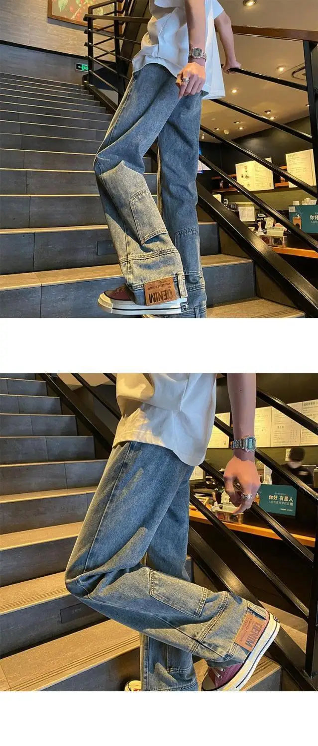 autumn vintage high street straight washed denim jeans for men and women trendy hip hop personality inverted loose casual pants unique jeans style 631