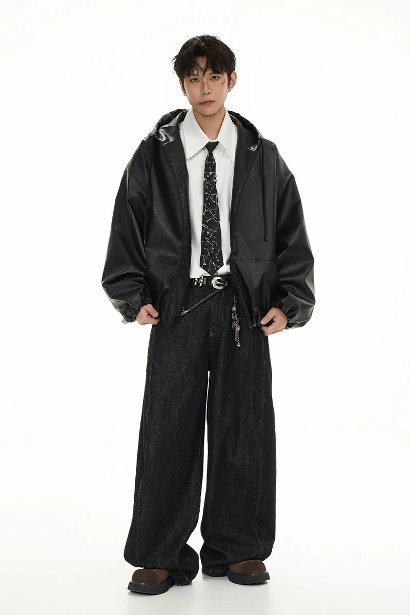 pu leather bomber jacket men streetwear fashion loose casual vintage leather hooded short motorcycle jacket hoody coat outerwear unique shorts style 563