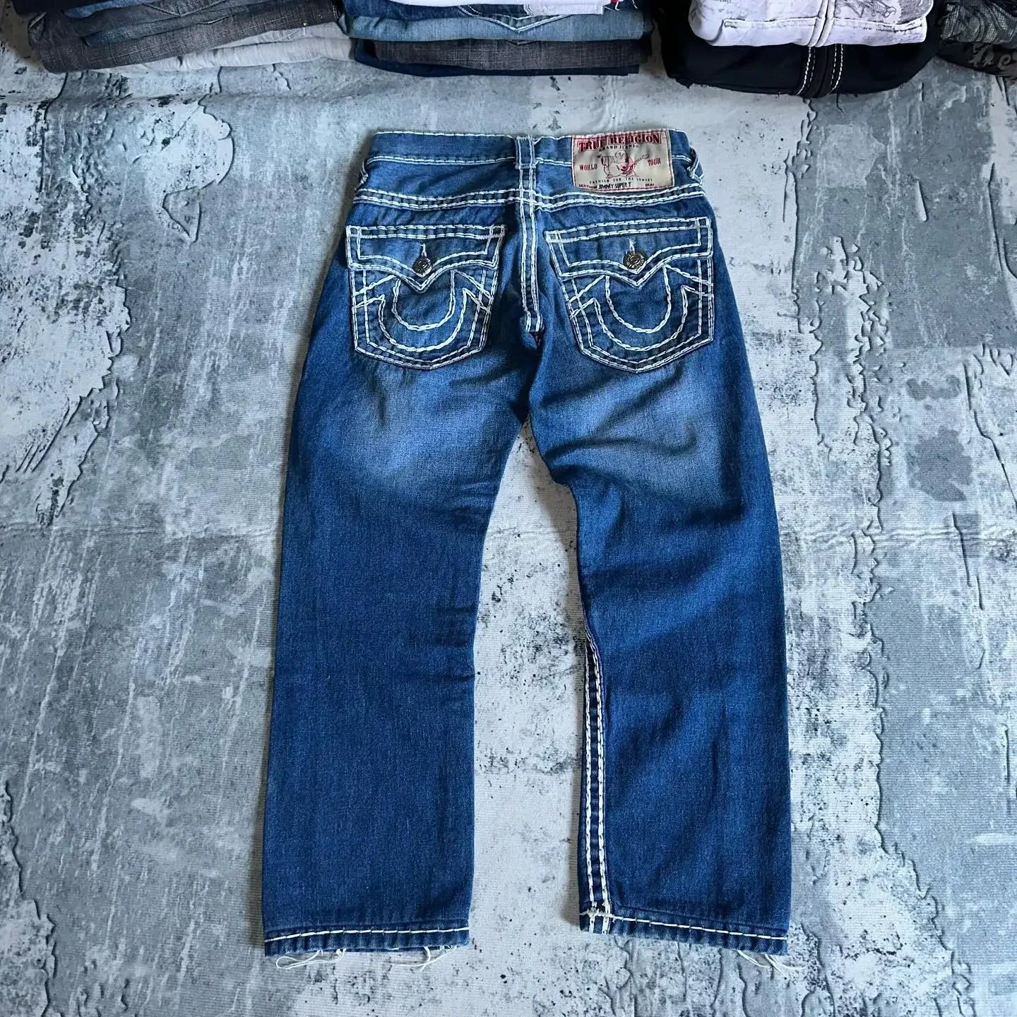 true religion vintage hip hop street leisure denim pants y2k gothic fashion embroidered straight leg wide leg jeans men clothing unique jeans style 3766