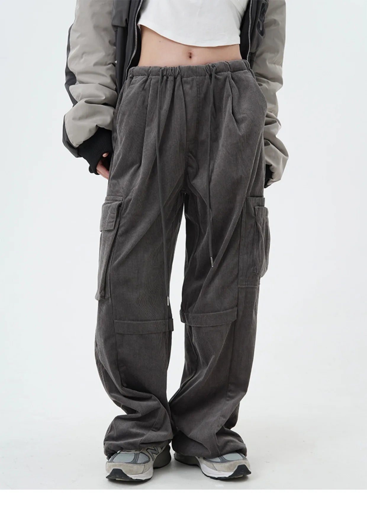 women high street corduroy pants casual elastic waist side pocket loose straight pant unisex hip hop y2k loose streetwear jogger unique joggers style 1348