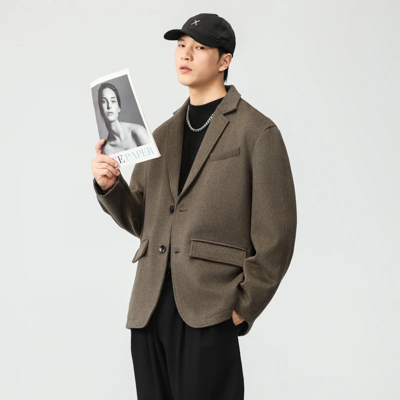 autumn winter men business casual fashion retro woolen thick blazer jacket korean streetwear plus size suit coat outerwear menswear bottoms