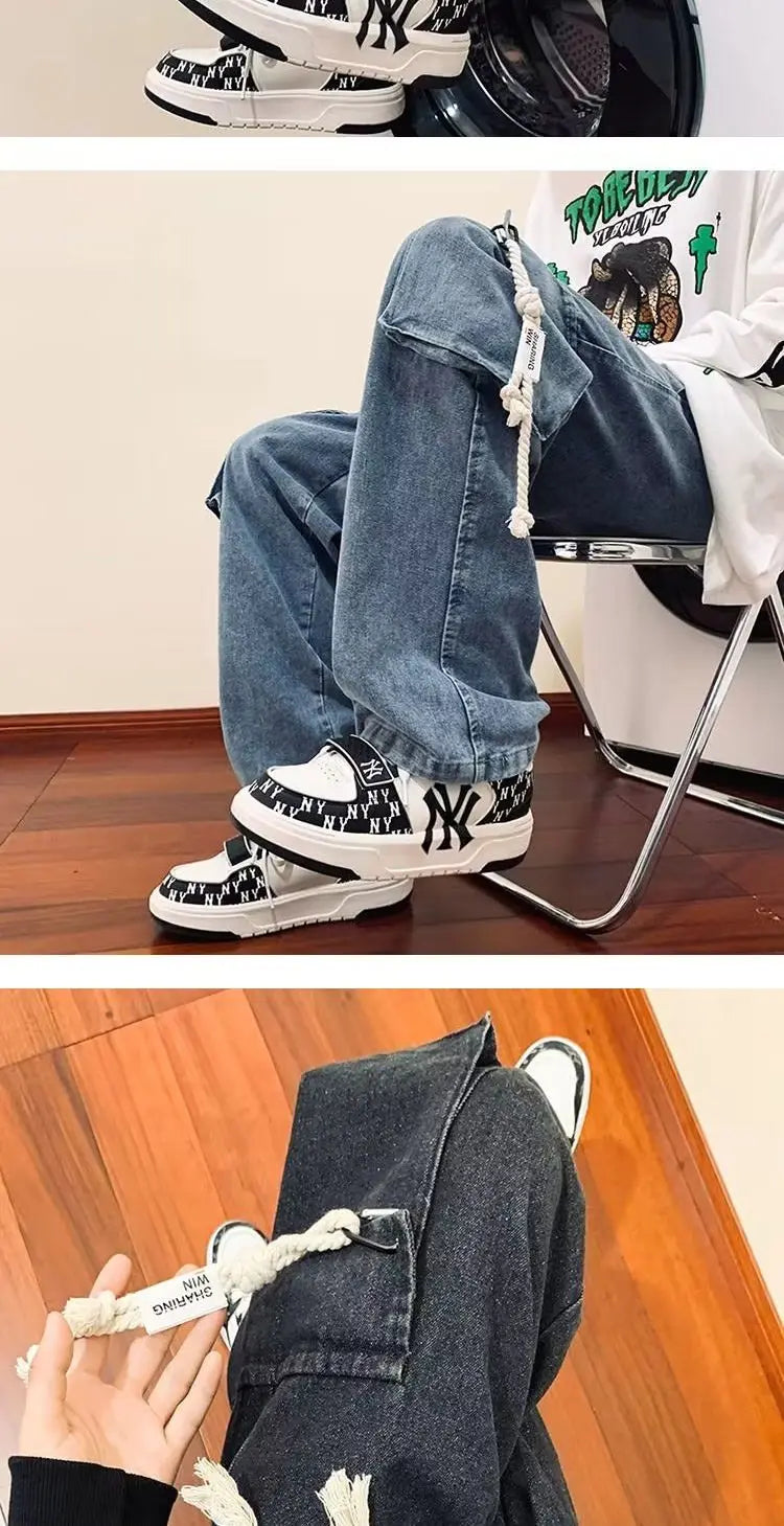 american retro and personalized straight leg jeans for men and women with hiphop big pocket design work pants loose casual pants unique jeans style 761